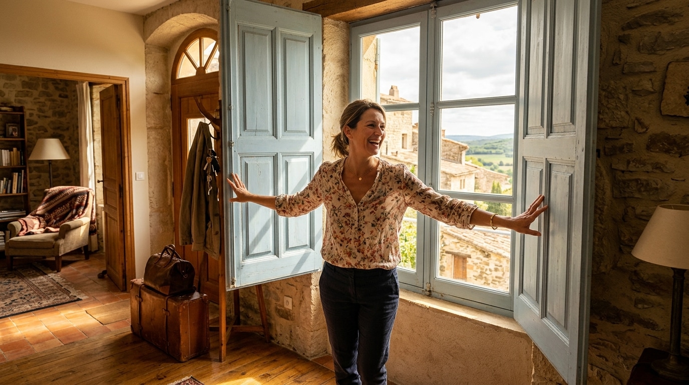 Femme ouvrant les volets en rentrant de vacances