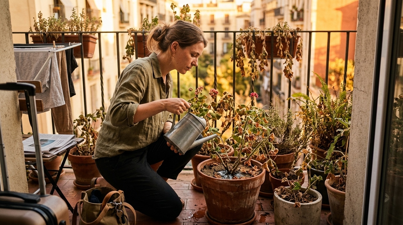 Femme arrosant des plantes flétries sur son balcon