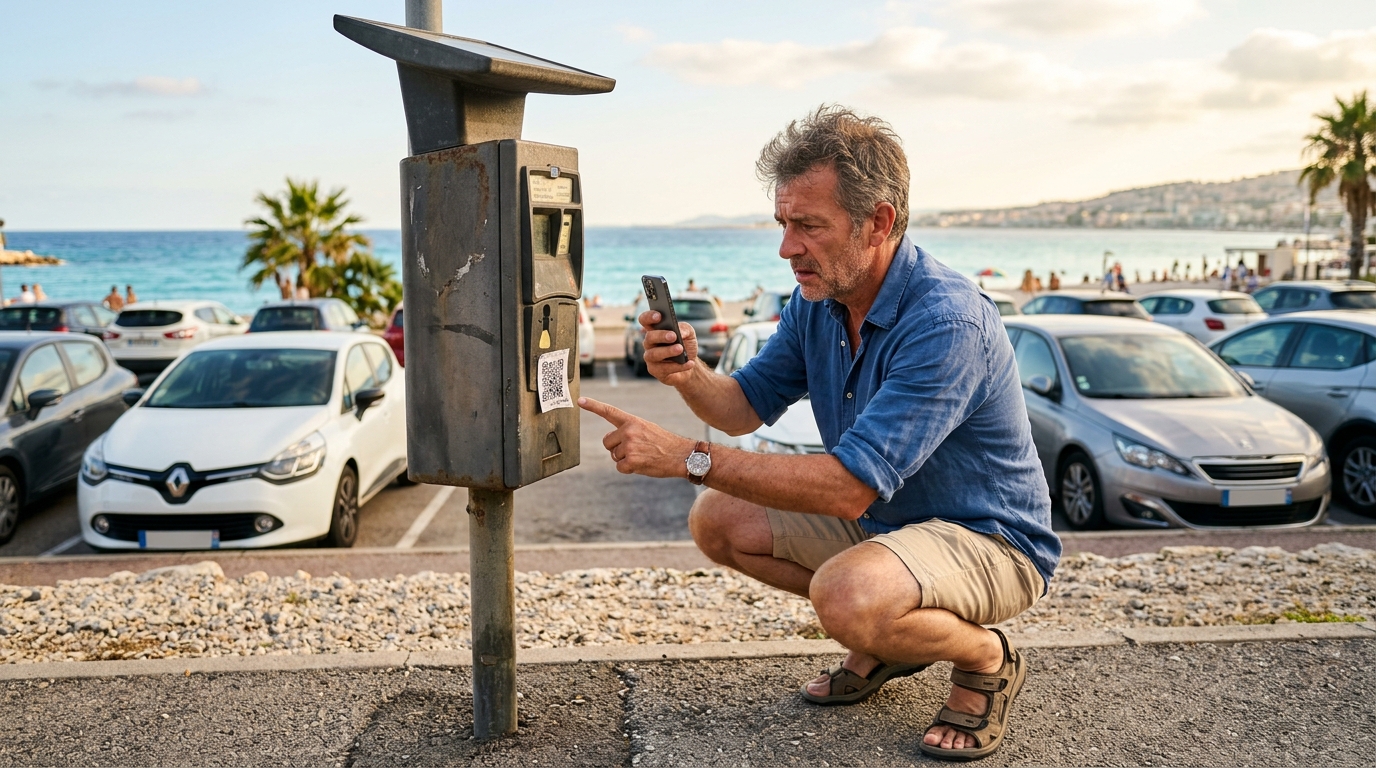 Automobiliste scannant un QR code suspect sur un parking