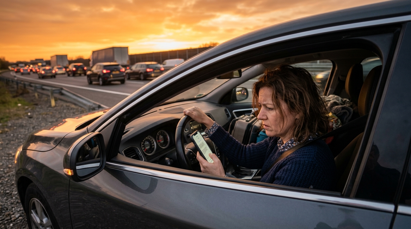 Femme inquiète recevant un SMS de fausse amende en voiture