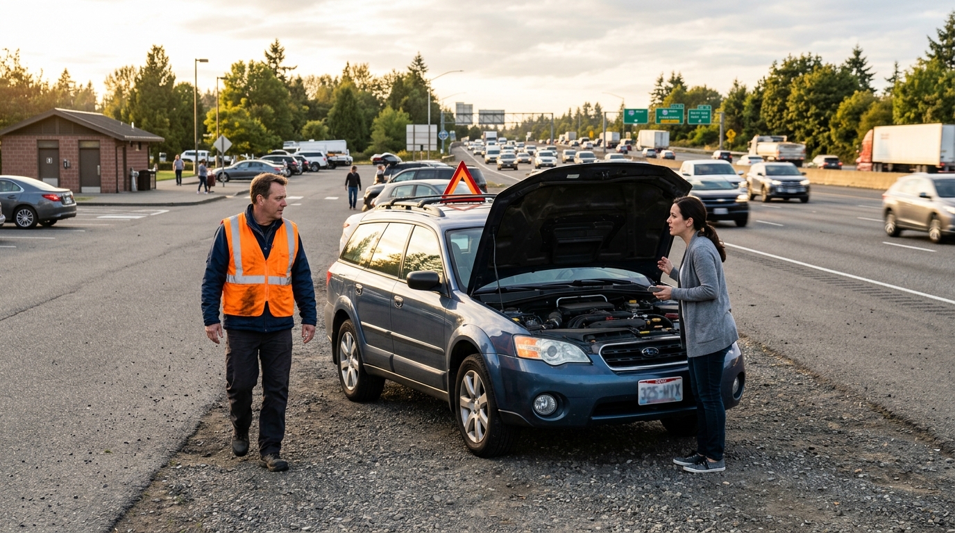 Faux dépanneur approchant une automobiliste sur une aire d'autoroute