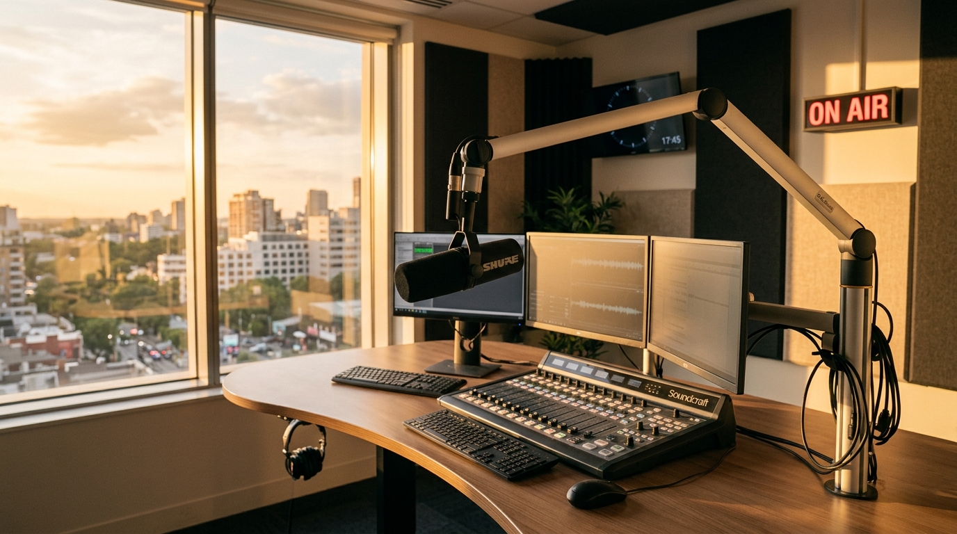 Studio radio avec micro professionnel baigné de lumière dorée