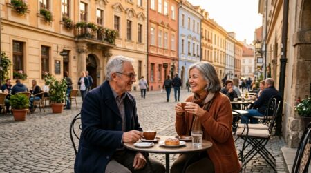 Retraités français profitant d'une terrasse en Europe de l'Est
