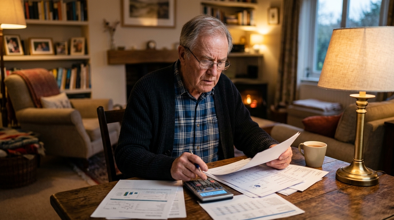 Retraité vérifiant ses documents de pension avant de s'expatrier
