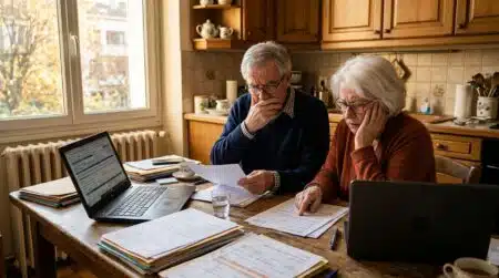 Couple de retraités français consultant des documents d'assurance santé