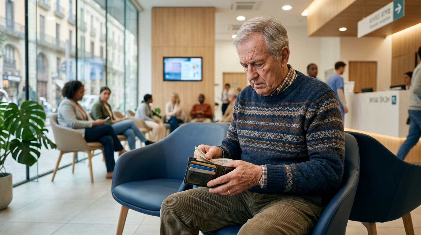 Retraité inquiet dans une salle d'attente d'hôpital à l'étranger