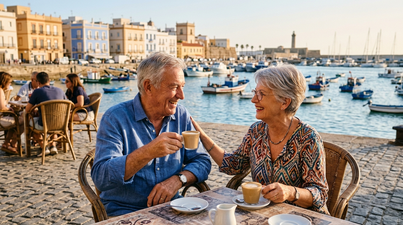 Couple de retraités prenant un café dans le port de Cadix