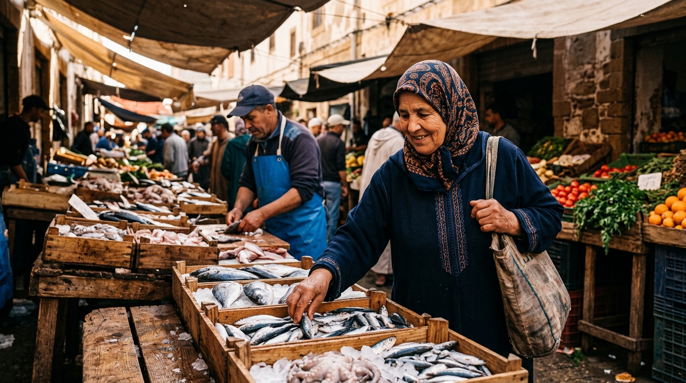 Retraitée faisant ses courses sur un marché marocain
