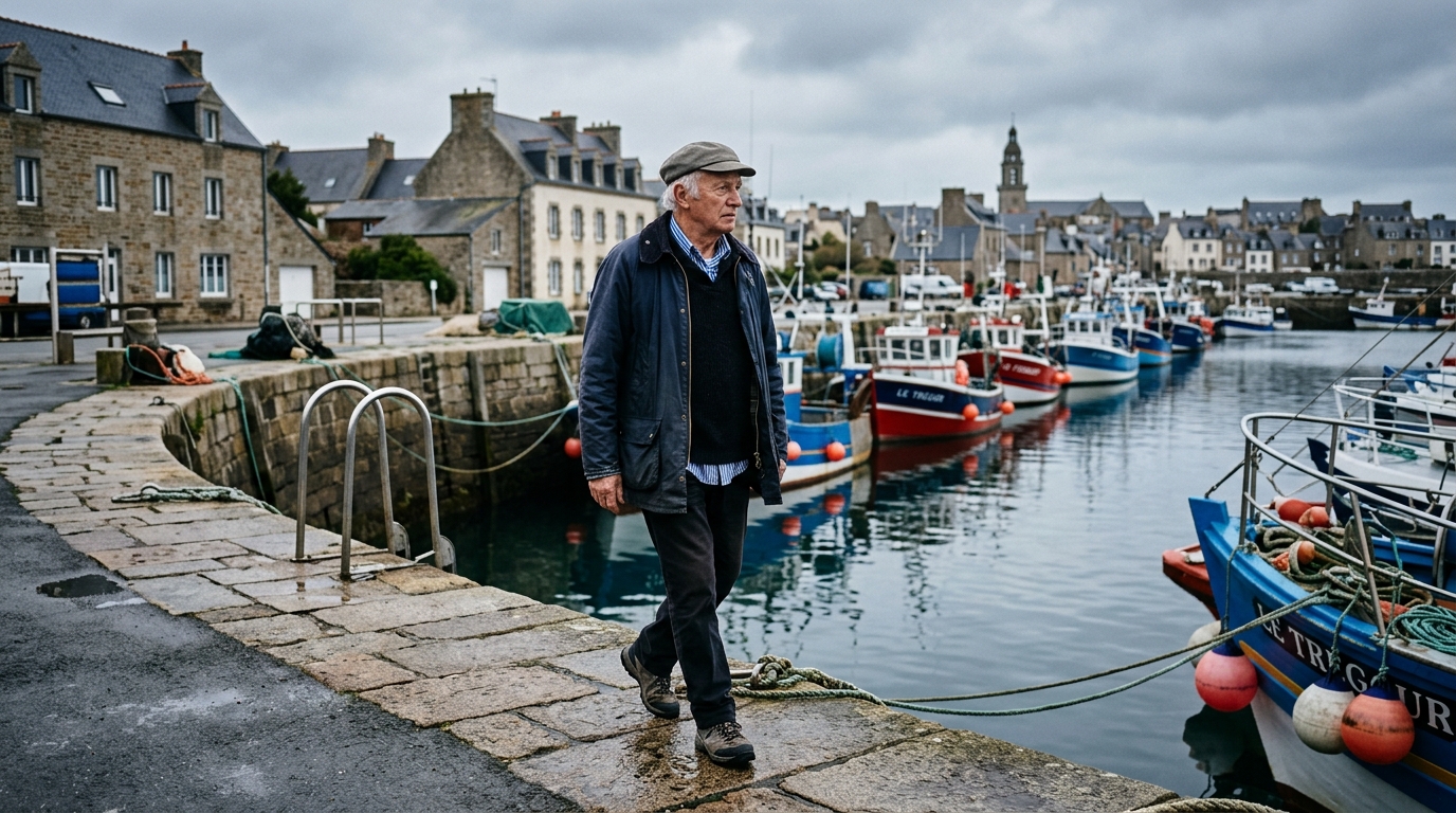 Retraité se promenant dans un port breton en France