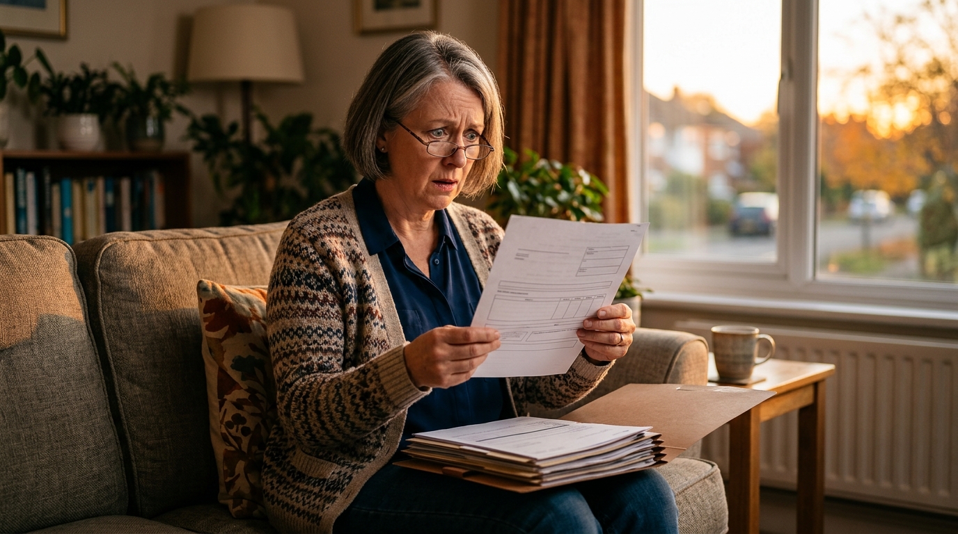 Femme surprise en lisant son relevé de pension
