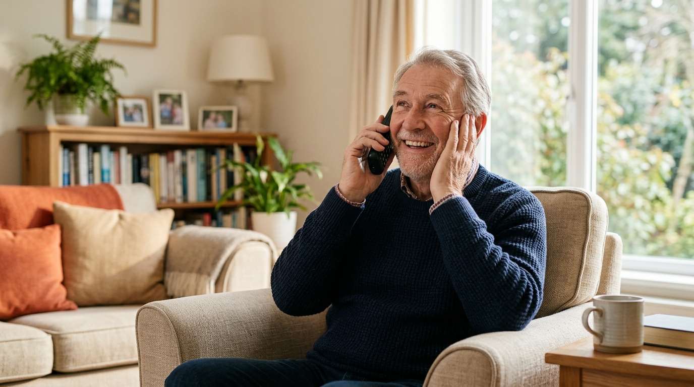 Retraité au téléphone après une bonne nouvelle financière