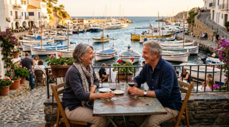 Couple de retraités français sur une terrasse de port espagnol