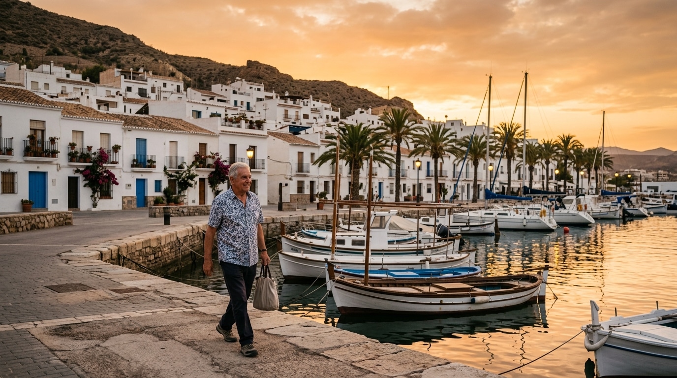 Retraité se promenant sur un port méditerranéen ensoleillé