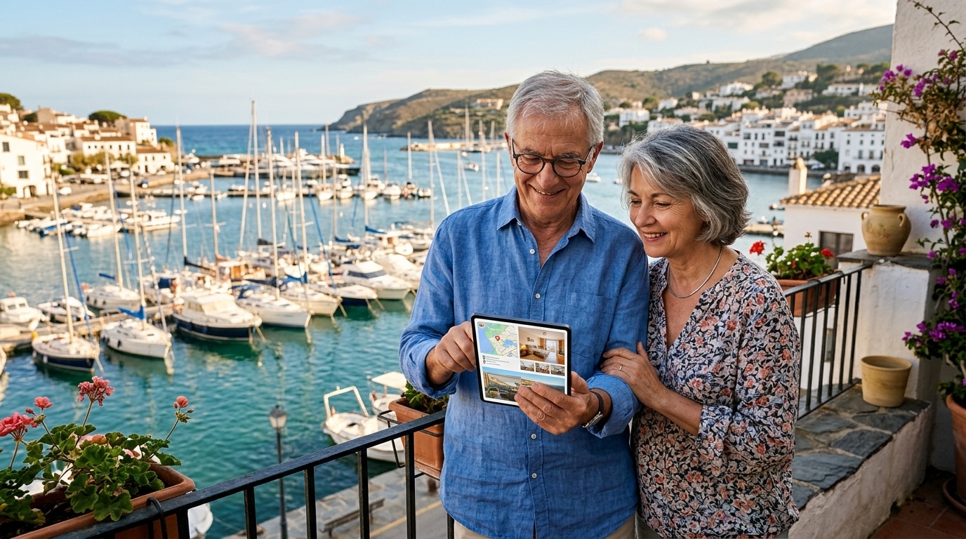 Couple de retraités consultant une annonce de location face au port