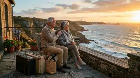 Couple de retraités français face à l'océan Atlantique