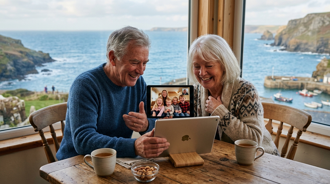 Couple de retraités en appel vidéo avec leurs petits-enfants