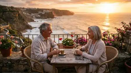 Couple de retraités français sur une terrasse au Portugal