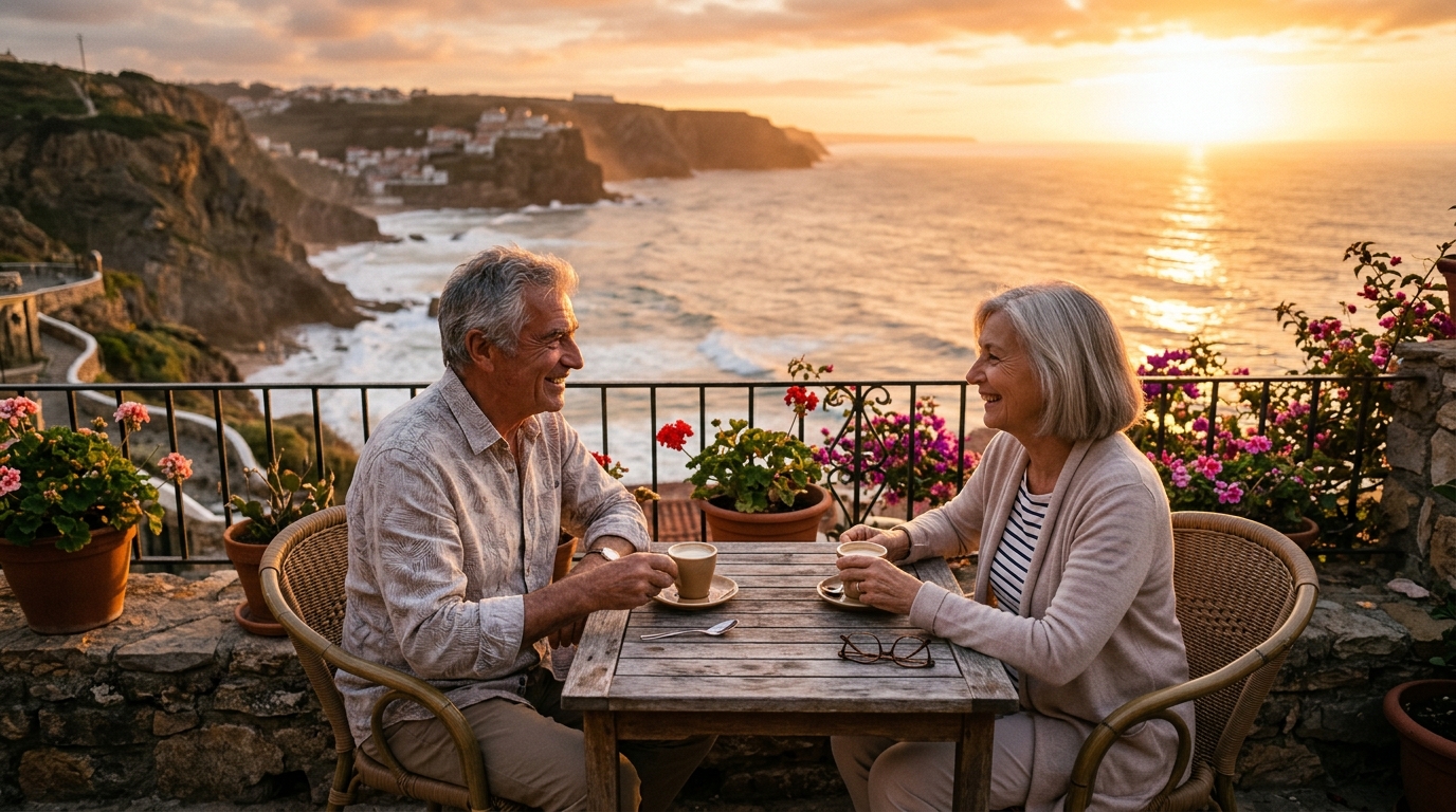 Couple de retraités français sur une terrasse au Portugal