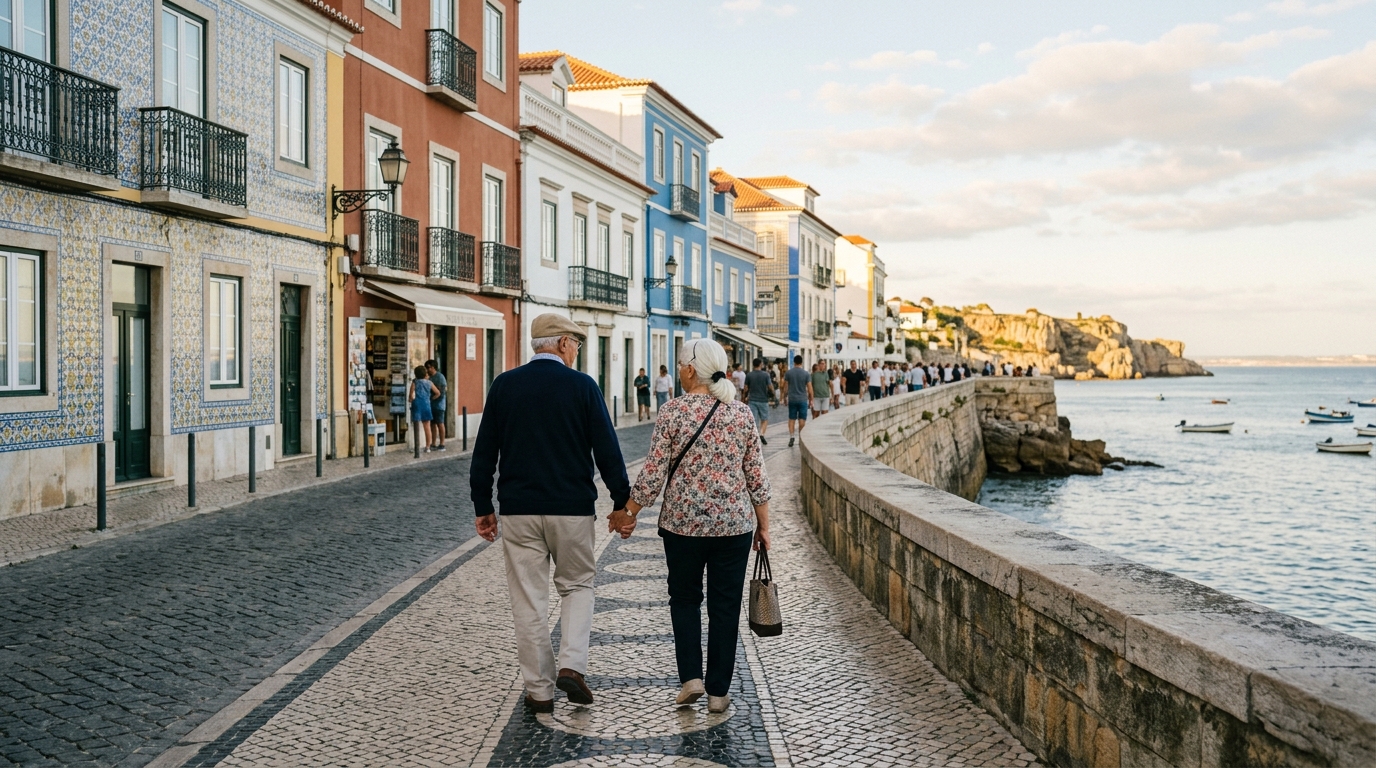 Couple de retraités se promenant sur le front de mer portugais