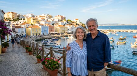 Couple de retraités souriant sur un port ensoleillé au Portugal