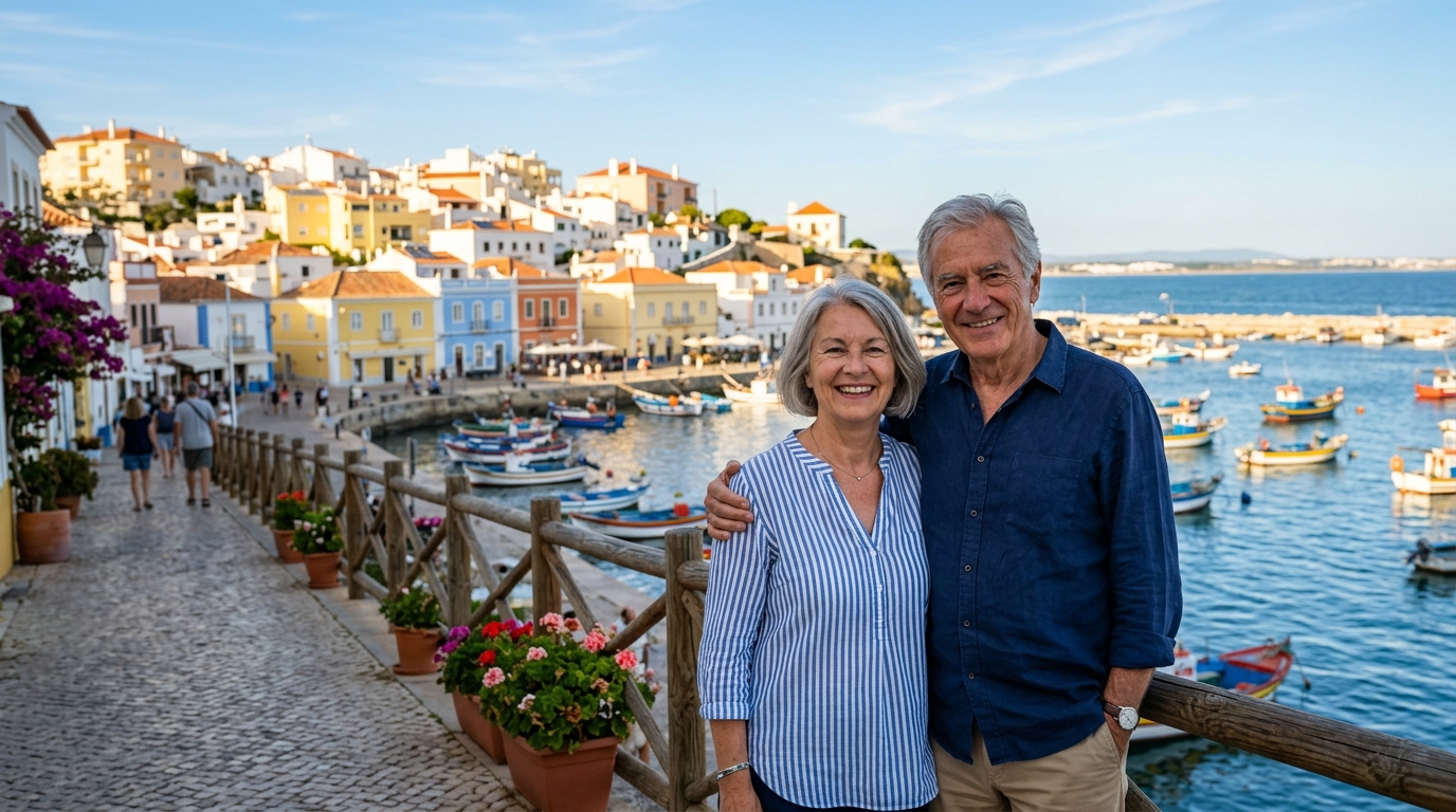 Couple de retraités souriant sur un port ensoleillé au Portugal