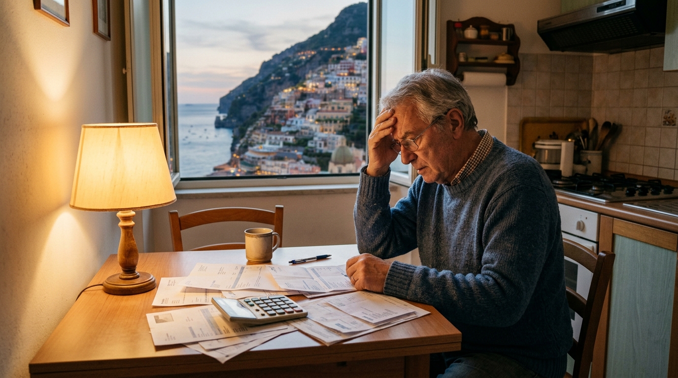 Retraité inquiet devant des papiers administratifs et une calculatrice