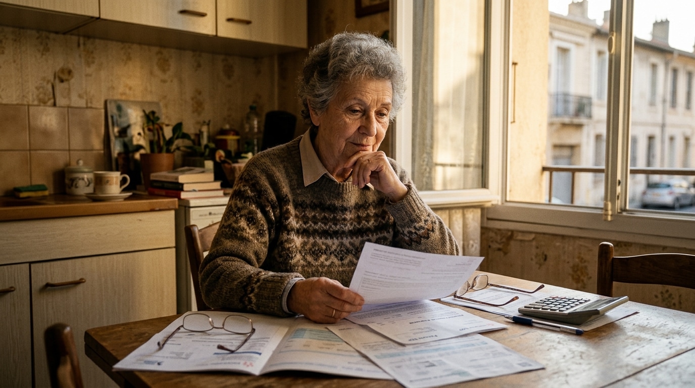 Retraitée examine ses relevés de pension à la maison
