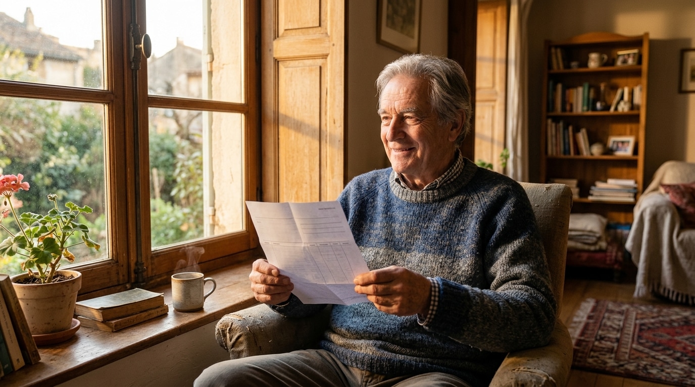 Retraité souriant tenant son relevé de pension