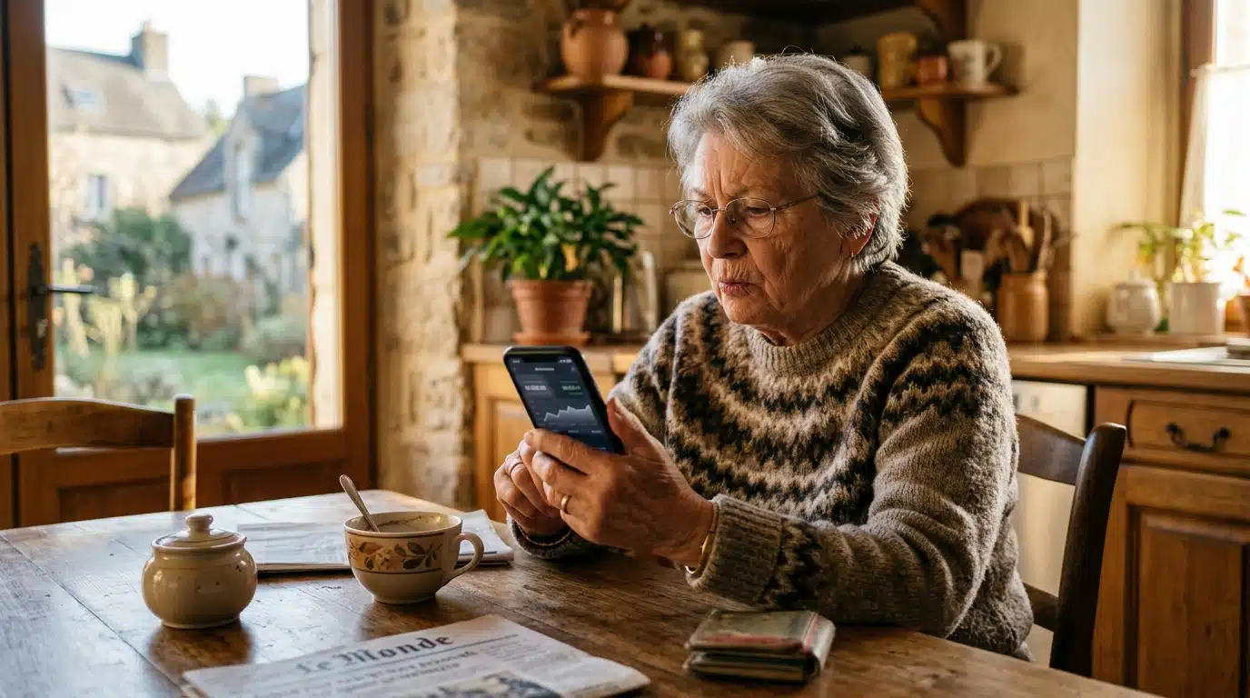 Retraitée consultant son compte bancaire sur smartphone