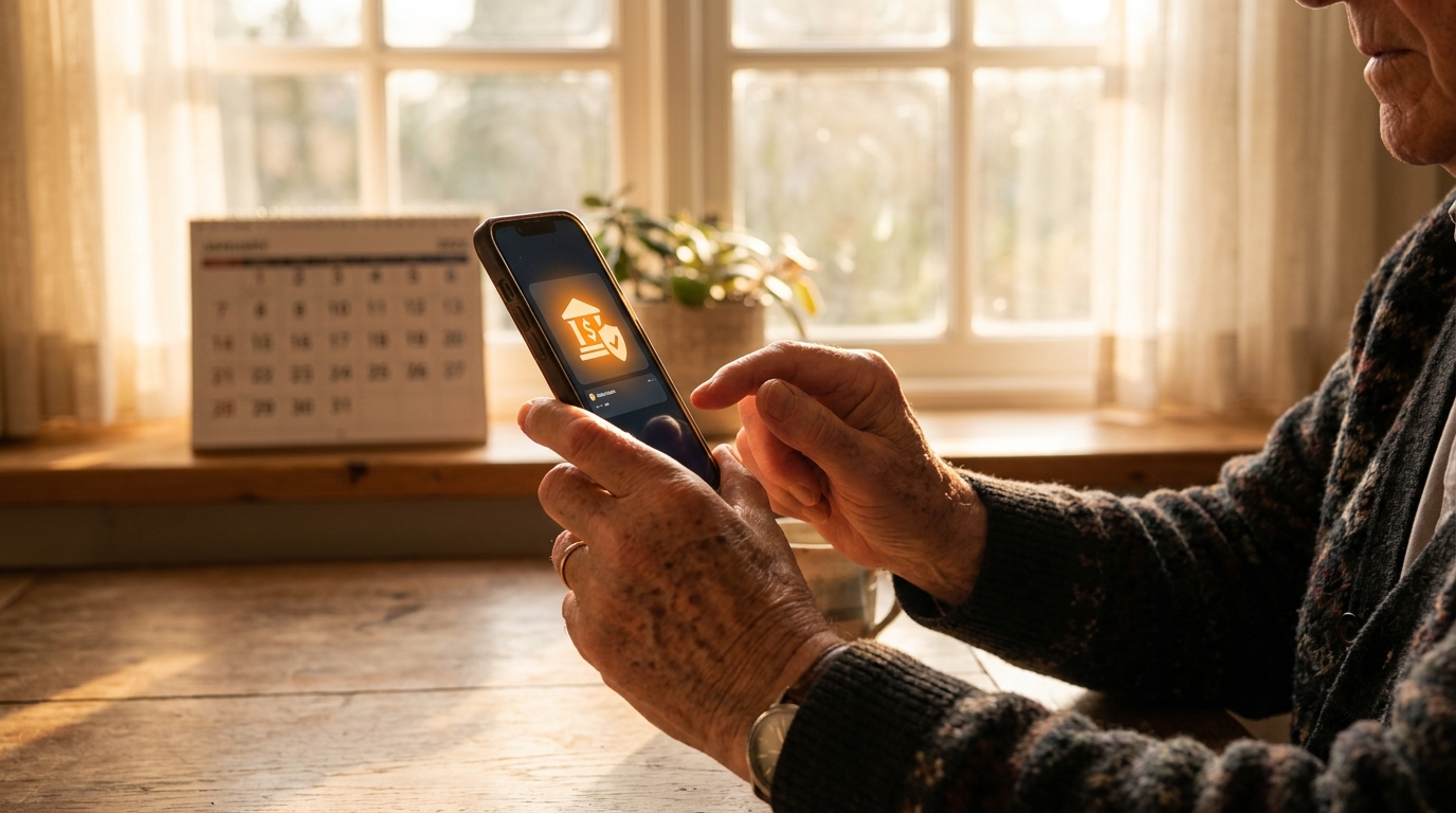 Retraité vérifiant une notification de virement bancaire