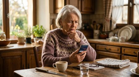 Retraitée vérifiant son virement Agirc-Arrco sur smartphone