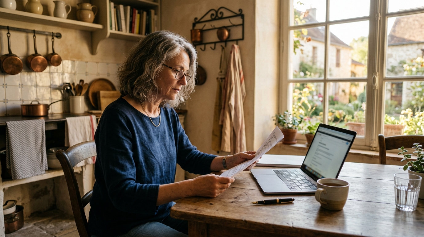 Femme consultant son relevé de carrière retraite à la maison
