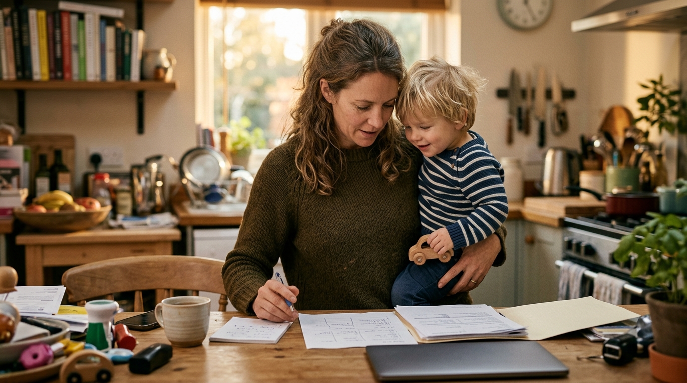 Mère de famille avec un enfant gérant des documents administratifs