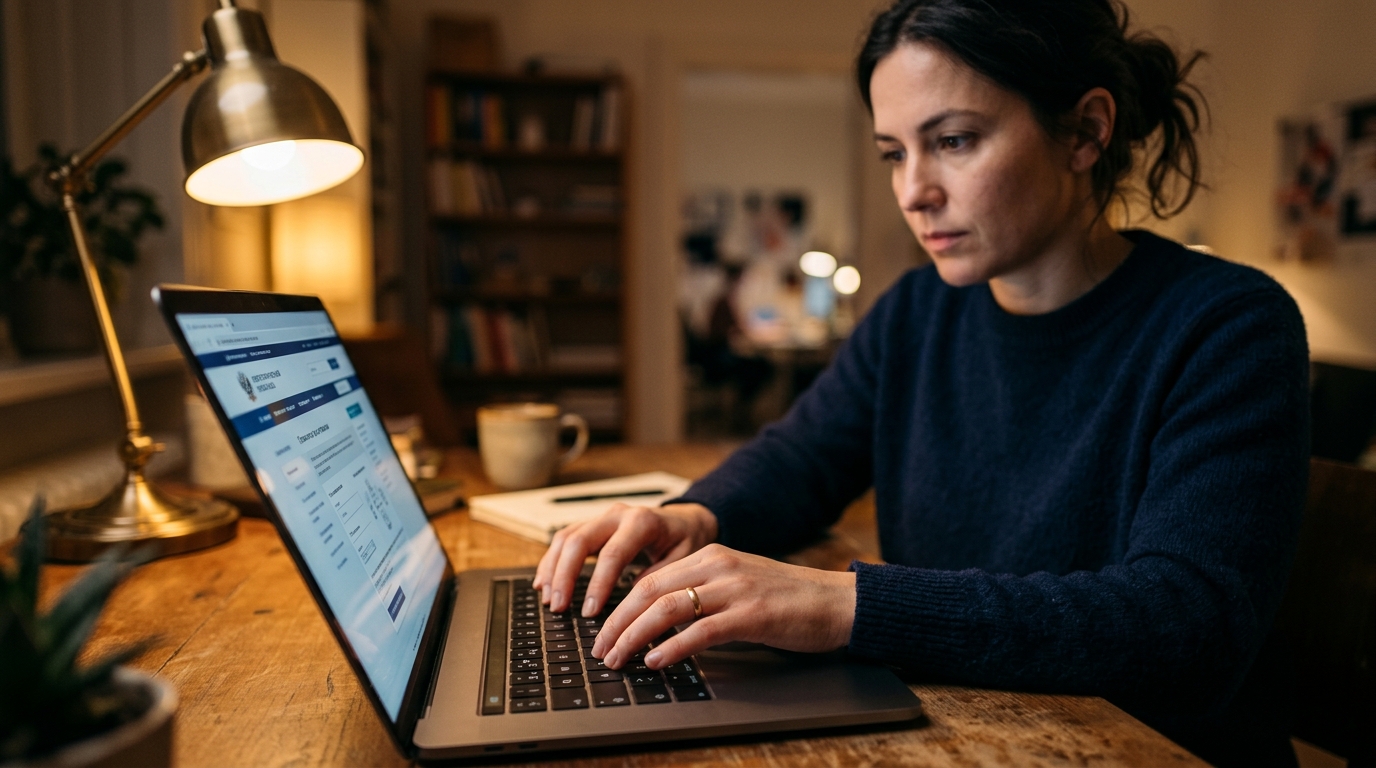 Femme vérifiant sa situation retraite sur un site officiel en ligne