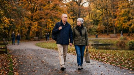 Couple de retraités marchant dans un parc, air soucieux