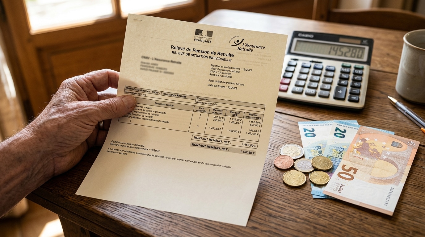 Document de pension retraite avec pièces et billets d'euros