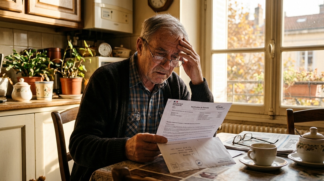 Retraité inquiet lisant son relevé de pension à table