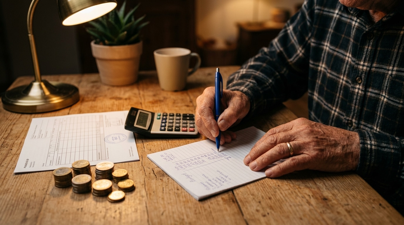 Mains calculant un budget retraite avec calculatrice et pièces