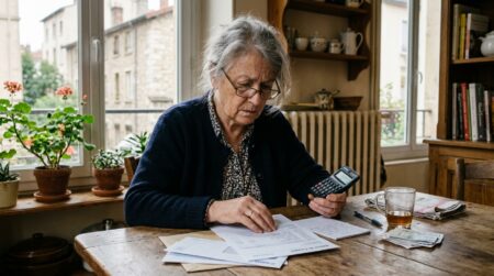 Retraité inquiet consultant ses relevés bancaires à table