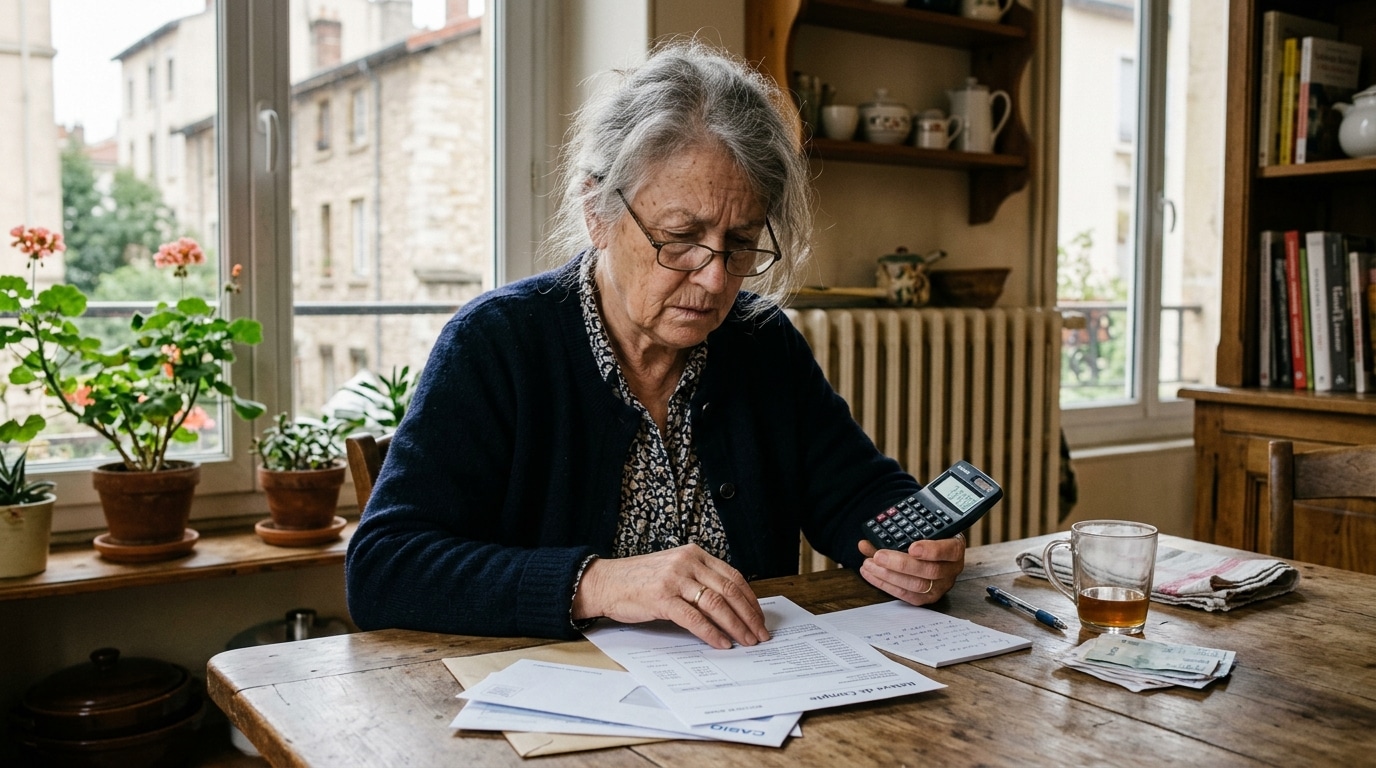 Retraité inquiet consultant ses relevés bancaires à table