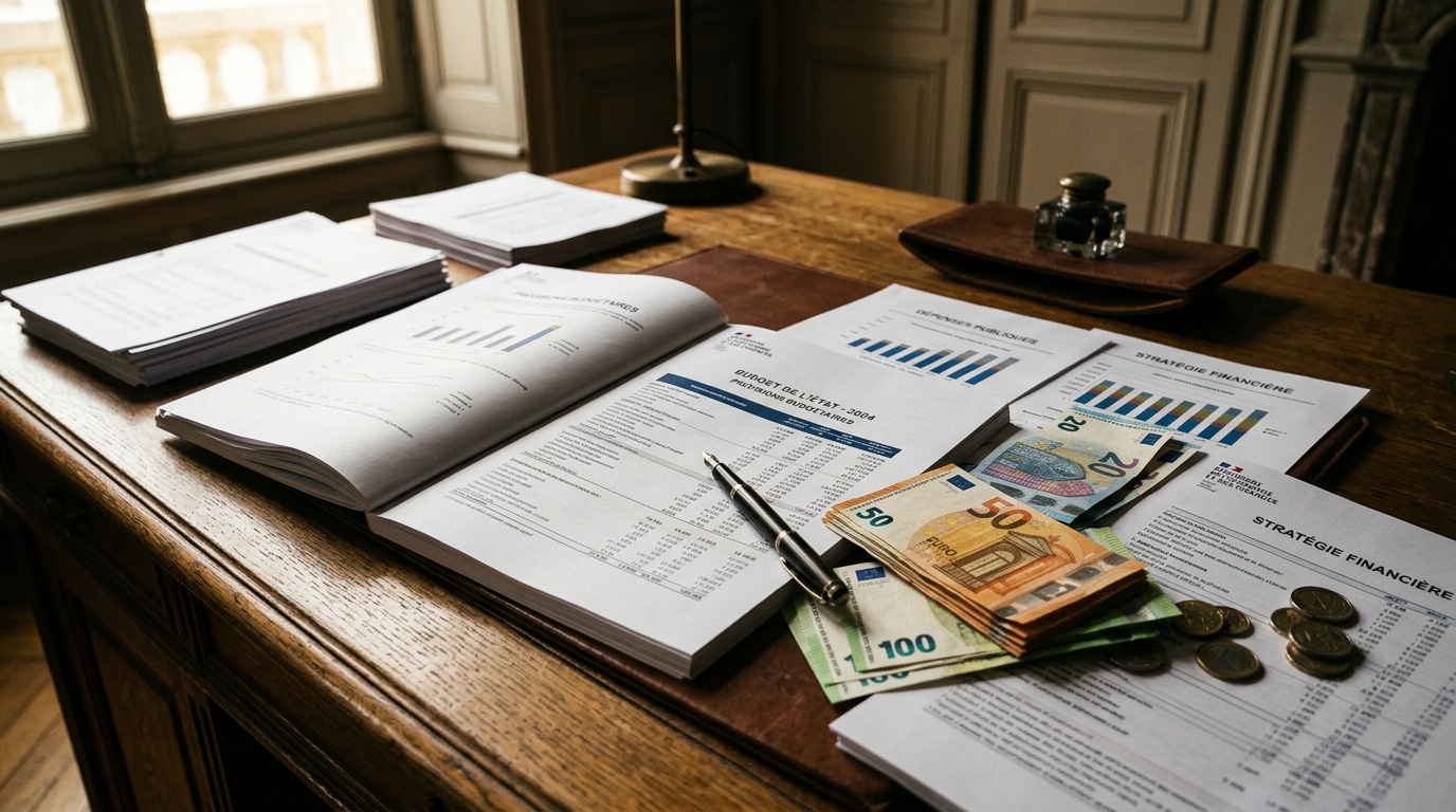 Documents budgétaires et billets d'euros sur un bureau