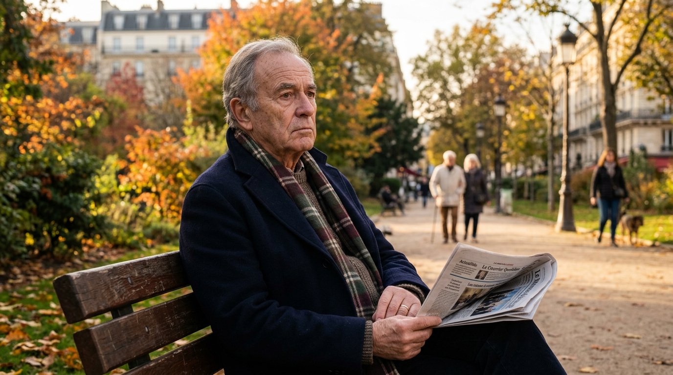 Retraité pensif assis seul sur un banc public