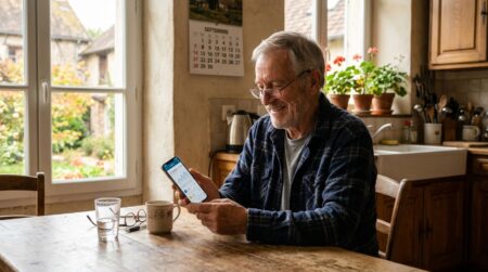Retraité vérifiant son virement de pension sur smartphone
