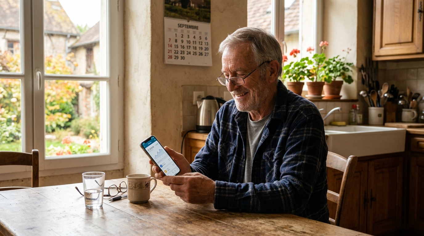 Retraité vérifiant son virement de pension sur smartphone