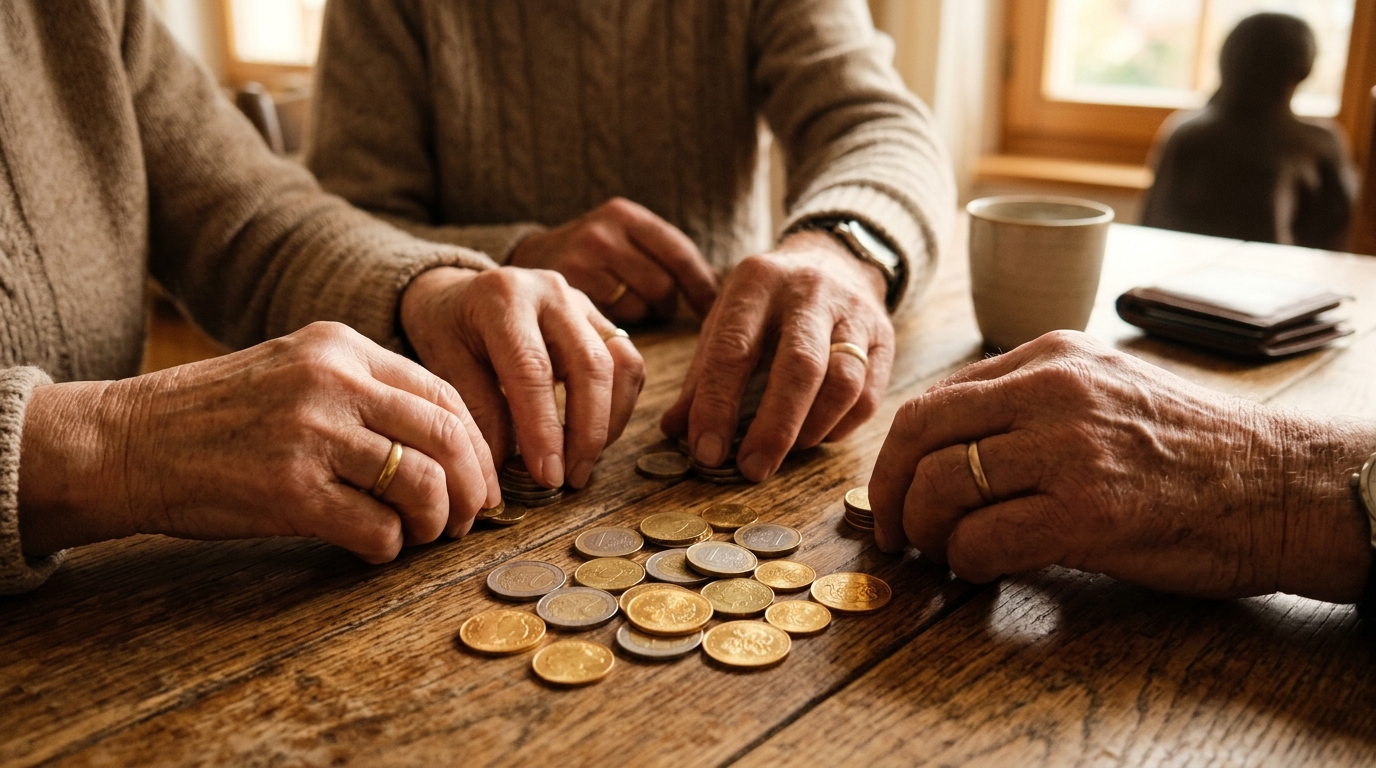 Couple de retraités comptant pièces d'or et euros