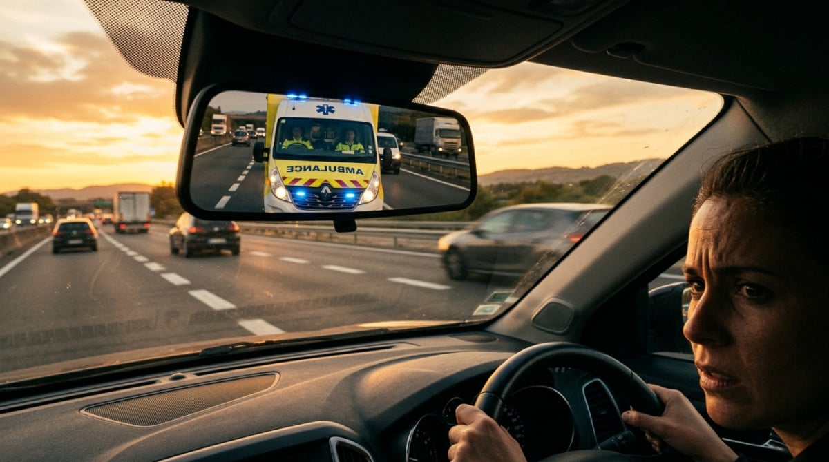 Rétroviseur de voiture reflétant une ambulance sur la route