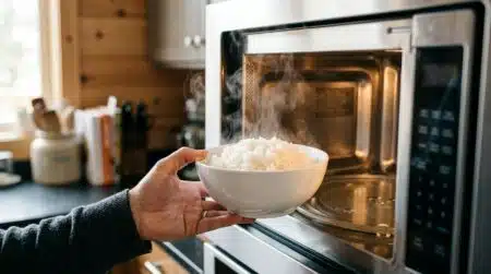 Bol de riz fumant sortant d'un micro-ondes