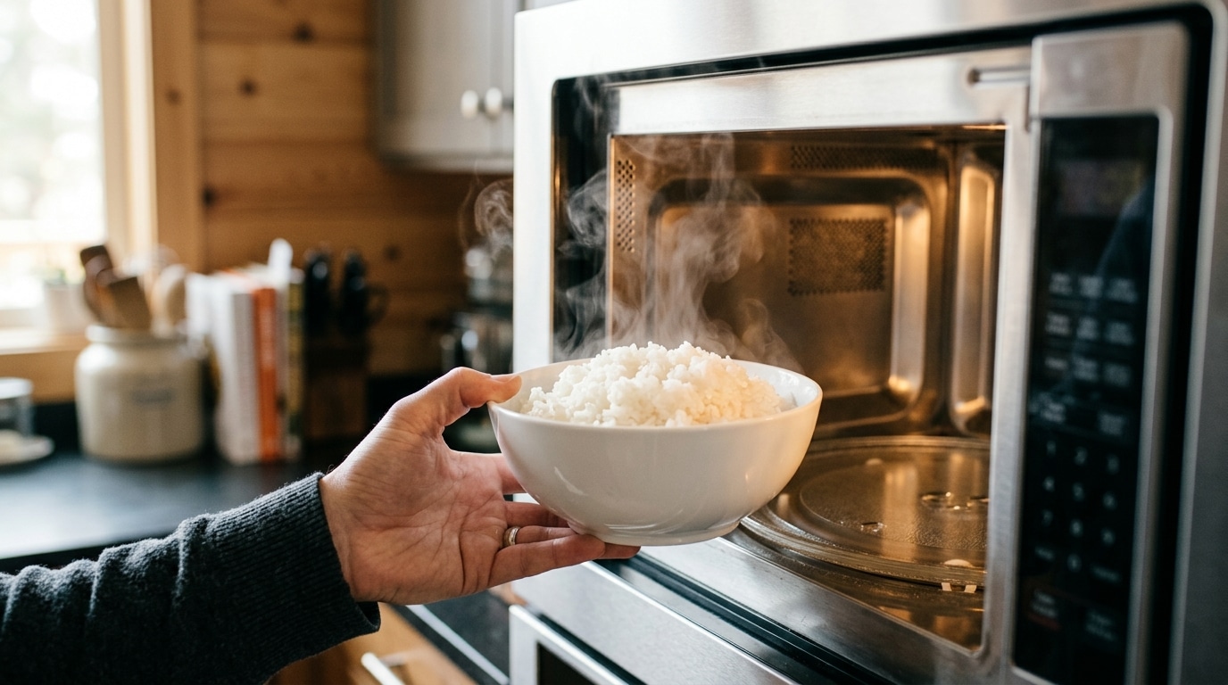 Bol de riz fumant sortant d'un micro-ondes