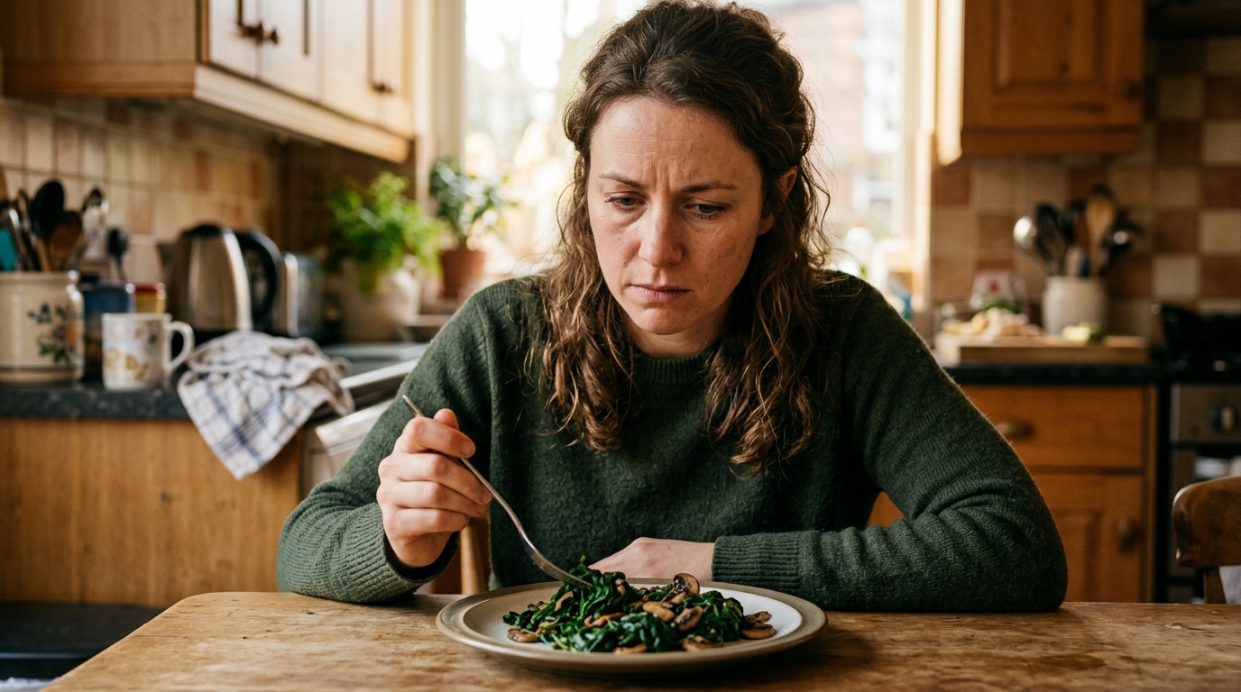 Personne hésitante face à une assiette de restes
