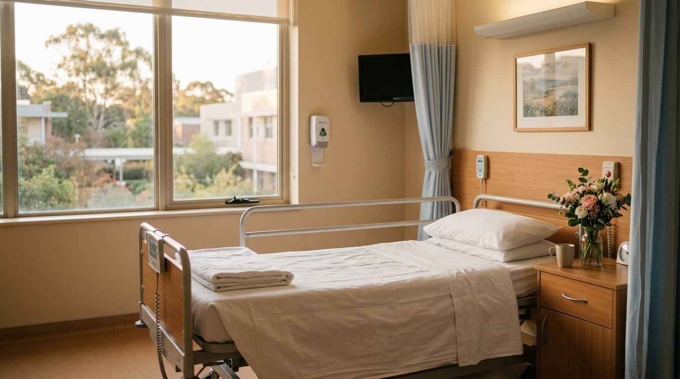Lit d'hôpital baigné d'une lumière douce et chaleureuse